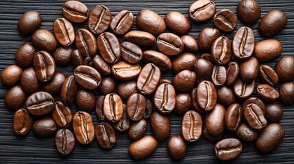 Naklejka premium Close-up view of roasted coffee beans scattered on a dark wooden background, showcasing their rich texture and brown color.