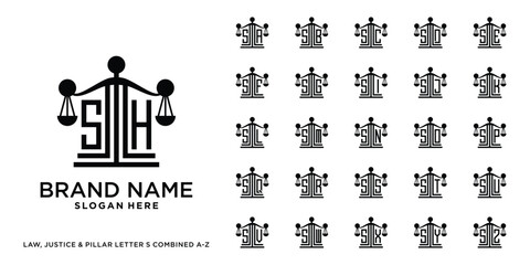 Set of justice, pillar, and law logo design initial s combined with letter a to z