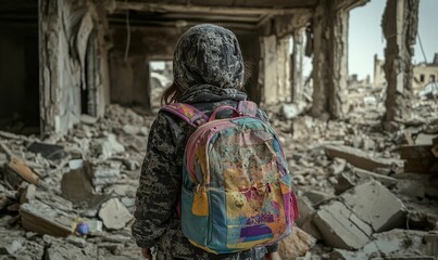 A young girl walks through the rubble of a destroyed