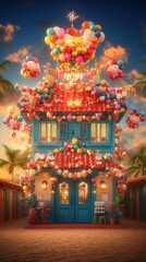 Fototapeta premium A colorful house adorned with vibrant balloons and decorations, creating a festive and joyful atmosphere.