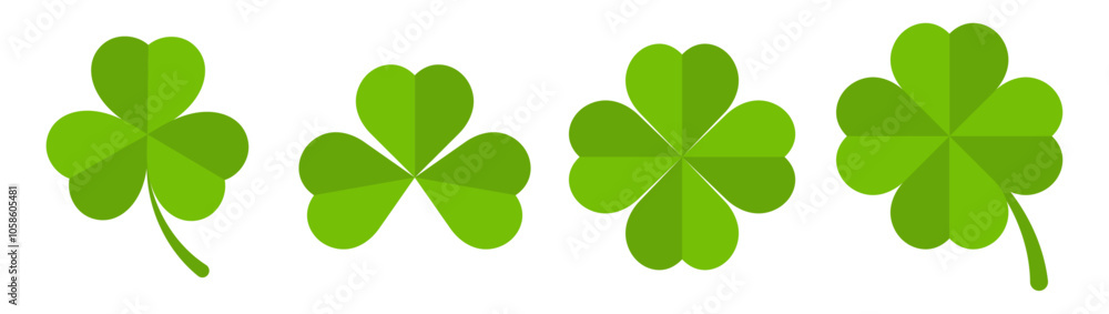 Aufkleber Flat shamrock icons vector set. Four leaf clover icon. Happy St Patricks day. Leaf clover on isolated background. Good luck four leaf clover flat icons for apps and websites.