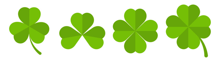 Flat shamrock icons vector set. Four leaf clover icon. Happy St Patricks day. Leaf clover on isolated background. Good luck four leaf clover flat icons for apps and websites.