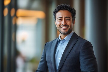 Naklejka premium Confident Businessman in Blue Suit Smiling - Professional Portrait