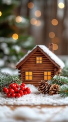 A cozy wooden house decorated with snow, surrounded by pine cones and berries, creating a warm winter atmosphere.