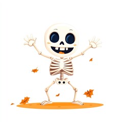 friendly skeleton wearing a spooky smile, waving, cartoonish style, simple lines, pastel tones,...