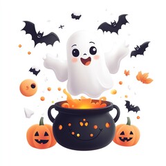 whimsical ghost flying around a bubbling cauldron, cartoonish style, simple lines, pastel colors,...