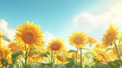 Vibrant sunflower collection set against a clear blue sky, highlighting the beauty of sunflowers in a stunning composition with ample copy space for your design needs.