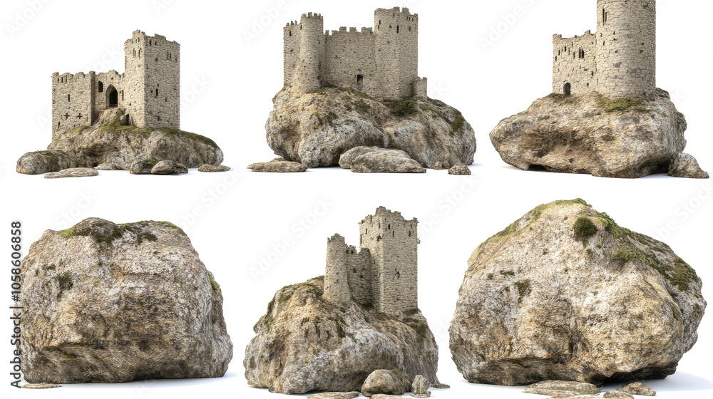 Poster medieval castles perched atop large rugged rocks in a collection generative ai