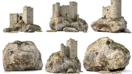 Medieval Castles Perched Atop Large Rugged Rocks in a Collection Generative AI