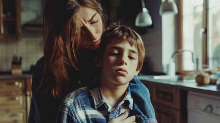 Obraz premium Mother comforts her upset son at home, addressing teenage challenges.