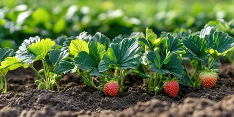 Strawberry plants are emerging and sprouting in the field, showcasing their growth as they thrive in the open agricultural environment.