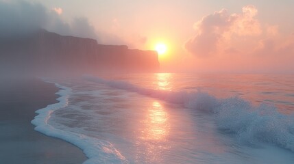 Fototapeta premium Serene beach at sunset with gentle waves and misty cliffs.