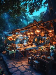 A vibrant outdoor market at dusk, showcasing a variety of fresh produce, colorful dishes, and warm lighting that creates a cozy atmosphere, inviting visitors to explore and enjoy.