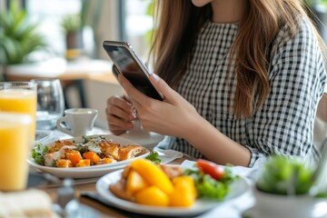 Dieting and calories control for wellness. Woman using smartphone calculate calories of food in breakfast during dieting for lose weight program and take, Generative AI
