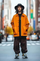 Stylish young male model flaunting modern streetwear fashion on city streets, with a blurred urban backdrop, emphasizing the latest clothing and accessory trends