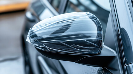 Close-up of a car side mirror wrapped in protective plastic film on a rainy day, highlighting vehicle maintenance and protection.