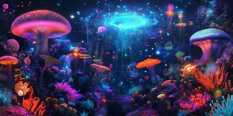 Obraz premium A vibrant underwater scene filled with glowing mushrooms and colorful coral reefs, creating a magical and otherworldly atmosphere in deep ocean waters.