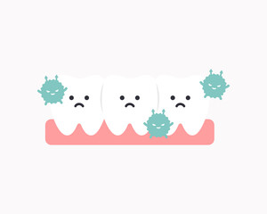 Sick bacteria teeth character icon. Healthcare, dental, medicine, treatment, hygiene, oral care concepts. Flat cartoon vector design isolated illustration.