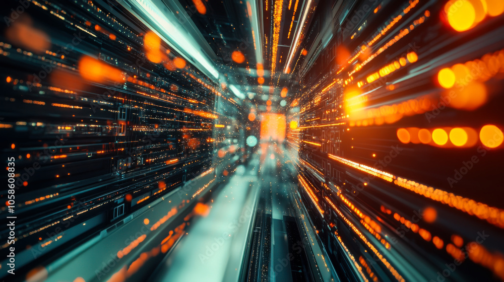 Poster exploring a futuristic digital tunnel filled with vibrant orange data streams during a high-tech jou