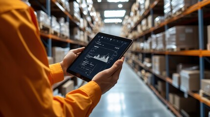 A warehouse worker holds an iPad, reviewing data in a modern logistics environment. The image highlights technology integration in inventory management and efficiency.