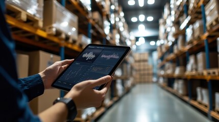 A warehouse worker utilizes an iPad to manage inventory and analyze operational data, showcasing the blend of technology and logistics in a modern storage environment.
