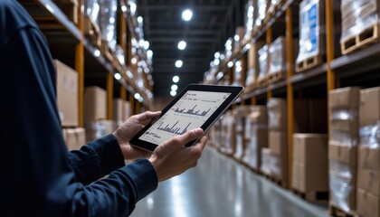 A warehouse worker is engaging with an iPad, reviewing inventory data on the screen amidst shelves of stored goods, showcasing modern inventory management practices.