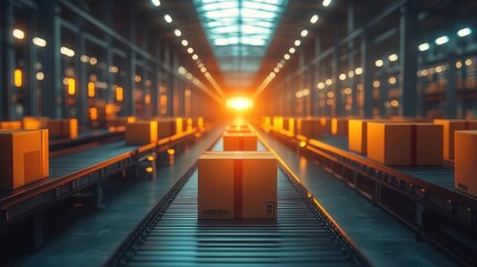 busy warehouse scene showcasing efficient operations, with packages moving swiftly along a conveyor belt, highlighting the essence of logistics and teamwork in a bustling industrial environment
