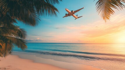 Airplane Flying Over Tropical Beach at Sunset