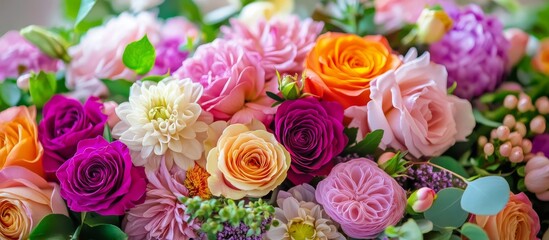 Fototapeta premium A vibrant bouquet of colorful flowers accentuates the table's beauty.