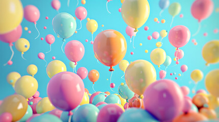 A lively 3D scene of colorful balloons floating, with a one-color background and space above, Created by using generative AI tools