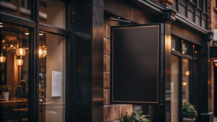 Blank black sign on brick building.