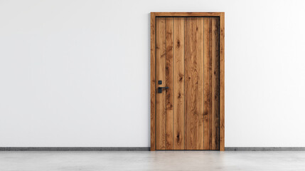 Closed wooden door with natural grain pattern in a minimalist interior setting against a plain white wall and concrete floor.