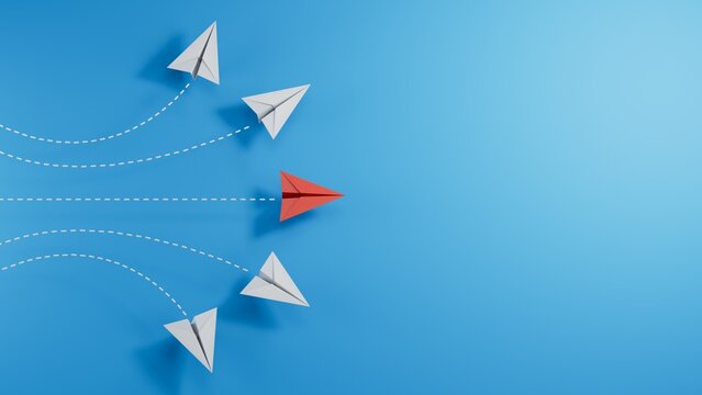leaderplane or different concept with red and white paper airplane path and route line on black background. Digital craft in education or travel concept. Mock up design. 3d abstract illustration