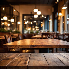 Empty wood table with blur interior outdoor space coffee restaurant or cafe for background