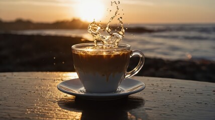 Dynamic coffee splash with sunrise background, symbolizing morning energy boost like beauty of nature and eyes