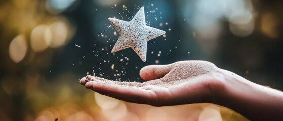 A hand gently holds a star floating above, surrounded by sparkling dust, evoking a sense of magic and wonder.