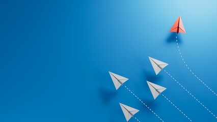 Red paper origami plane have individual direction from unique white planes in different way. Business strategy and opportunity concept.3D rendering on blue background. © feng