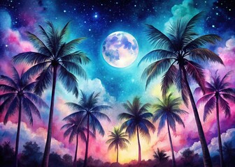 Fototapeta premium Watercolor Palm Trees Night Photography Illustration