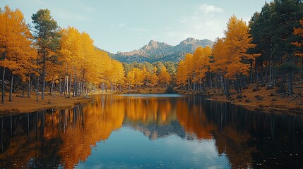 Obraz premium Serene Autumn Lake with Golden Trees and Mountain Reflection