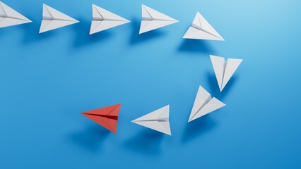 White paper plane origami leading red planes on dark background. Leaderplane skills concept.3D rendering on blue background.