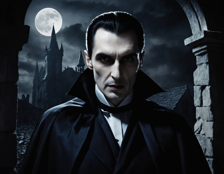 Portrait of vampire count Drakula in his castle.