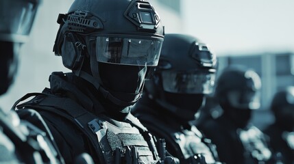 Police in riot gear during a controlled protest standing in formation