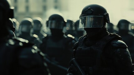 Police in riot gear during a controlled protest standing in formation