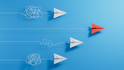 Competition paper planes with doodle line. Concept of business, leaderplane, problem solution, success, education, goal challenge, mission target, think different, standout vision, courage management