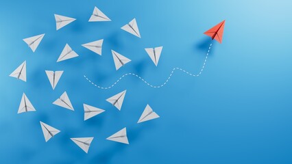 Business competitor advantage of paper plane in new direction, competitor individual pointing in different ways for new competitive solution on 3D paper plane. leaderplane for new ideas competitor.