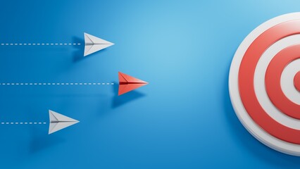 Concept illustration Leaderplane. 2 white paper planes and 1 red plane on a light blue background.3D rendering on blue background.