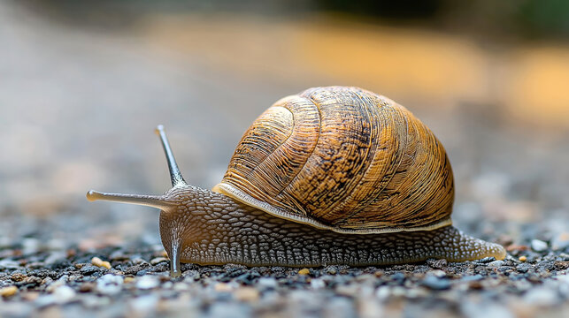 Close-up of a garden snail with a detailed shell texture crawling on a gravel surface in a natural outdoor setting