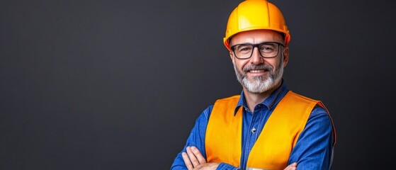 Close-up of engineer in safety gear on black background focus on face and expression shadows adding intensity and character