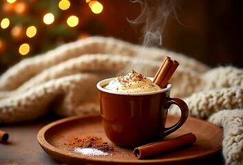A cup of hot chocolate topped with cinnamon sticks on a wooden tray with Christmas decoration in a house, Christmas Day concept	