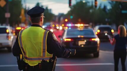 Fototapeta premium Police officer directing traffic at a busy intersection